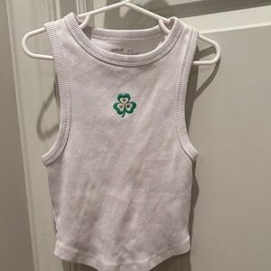 Aerie White Cropped Tank Top with Green Embroidery